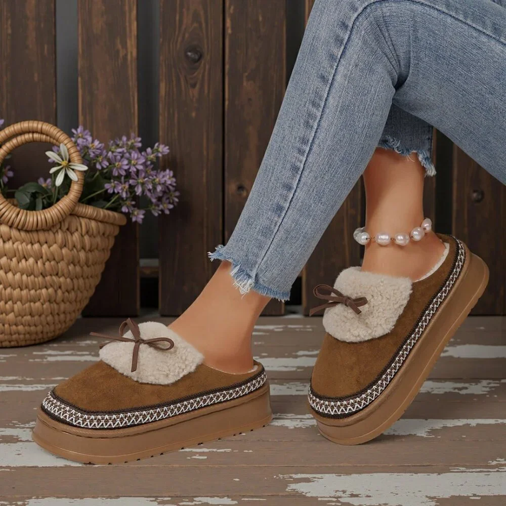 Camel Casual Women's Thick Flat Suede Shearling Slippers
